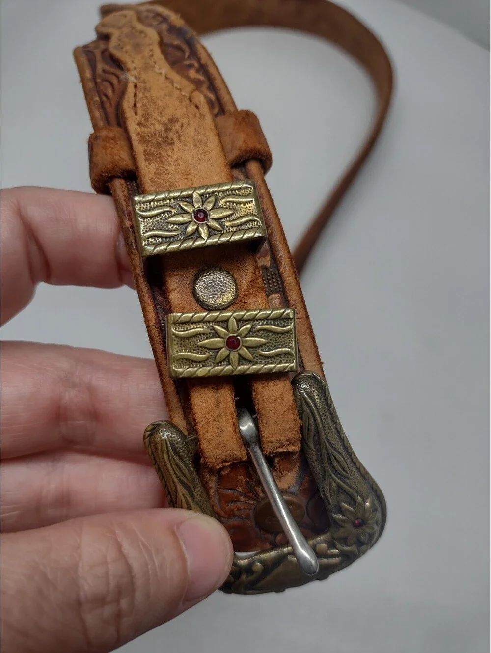 Vintage 80s Justin Western Ranger Belt Tooled Leather Brass Floral Red Stones 30